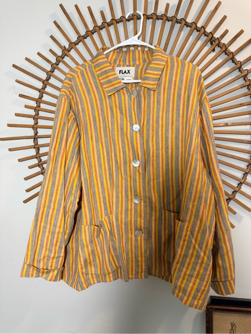 Flax Women’s Yellow Linen Multi Striped Button Down Jacket w Pockets Lagenlook L